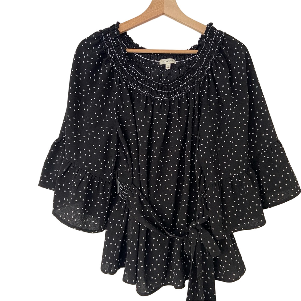 MAX STUDIO BLACK & WHITE POLKA DOT BLOUSE WITH STATEMENTB SLEEVES & WAIST TIE, L